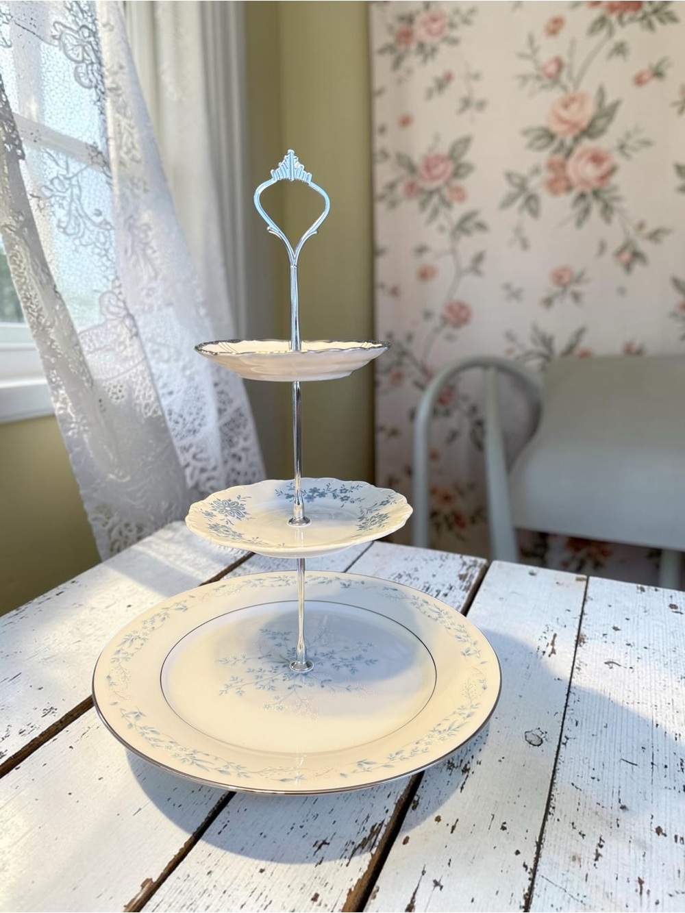 Three-Tier Ceramic Serving Stand in White & Blue Floral Detail & Silver Accents